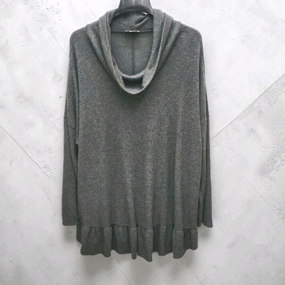 Andree Cowl Neck Sweater Tunic Top Womens 3X Gray Ruffle Hem Warm Relaxed Chic